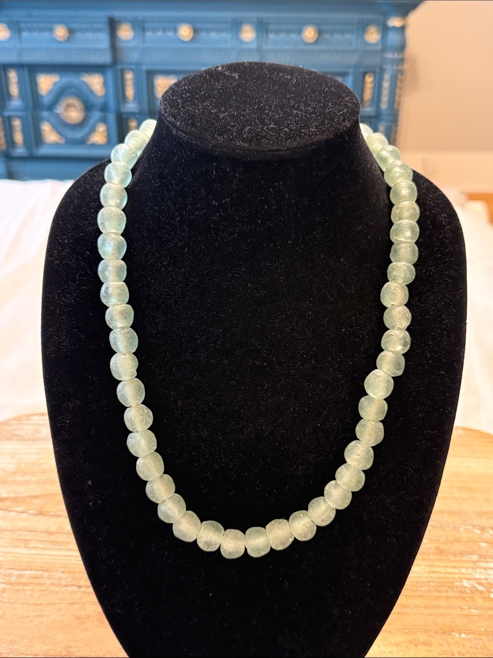 Vintage Blue Green Glass Beaded Lanyard Statement   Necklace